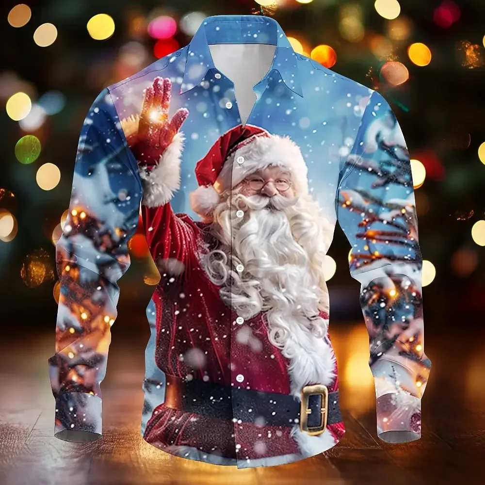 2025 Men's New Year Holiday Casual Christmas Shirt Party Santa Claus Pattern Soft Stretch Comfort Home Gift Set Men's Large Size