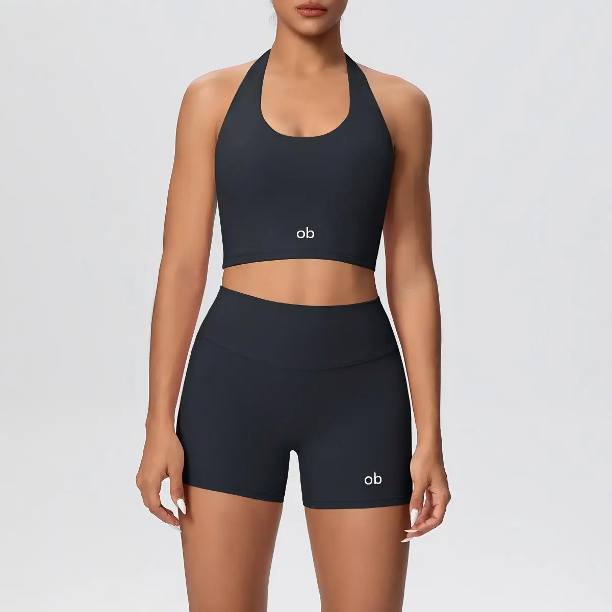 New solid-color double-sided brushed tight-fitting neckless short pants yoga set for exercise, running and fitness two-piece set