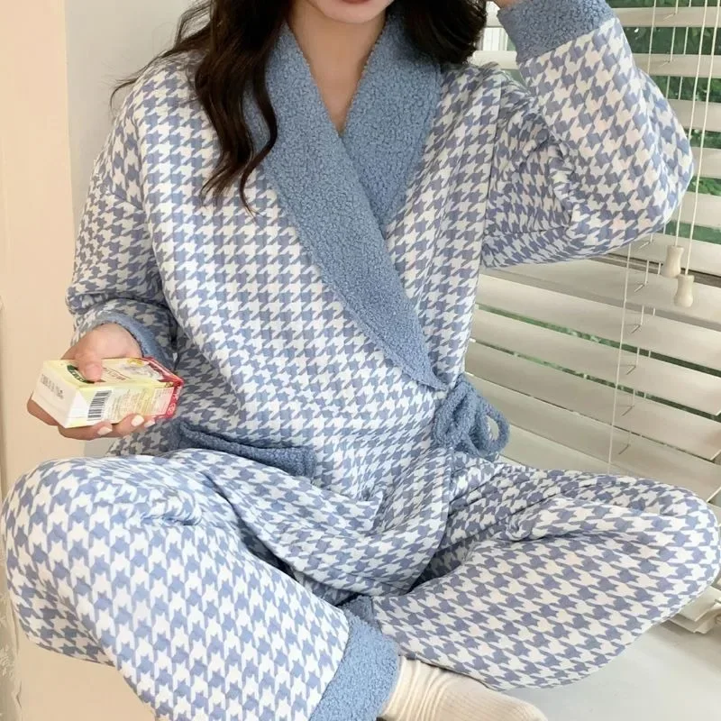 Air Cotton Confinement Clothing Women Large Size Thicken Cotton Padded Nightgown Suit Autumn Winter Warm Female V-neck Homewear