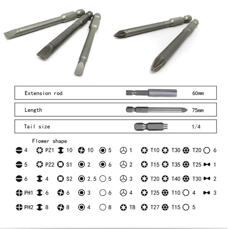 50pcs 75mm Extra Long Reach Bit Set Security Screwdriver Bits Torx Star Hex Bit Multifunctional Appliance Repair Part Hand Tool