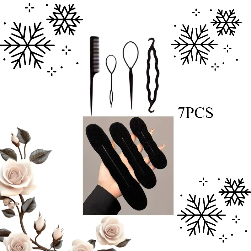 7-Piece Hair Styling Kit: Hair Ties, Hair Weaving Tools, Hair Pullers, Versatile Styling Tools for Lazy Days, Curling Iron Set,
