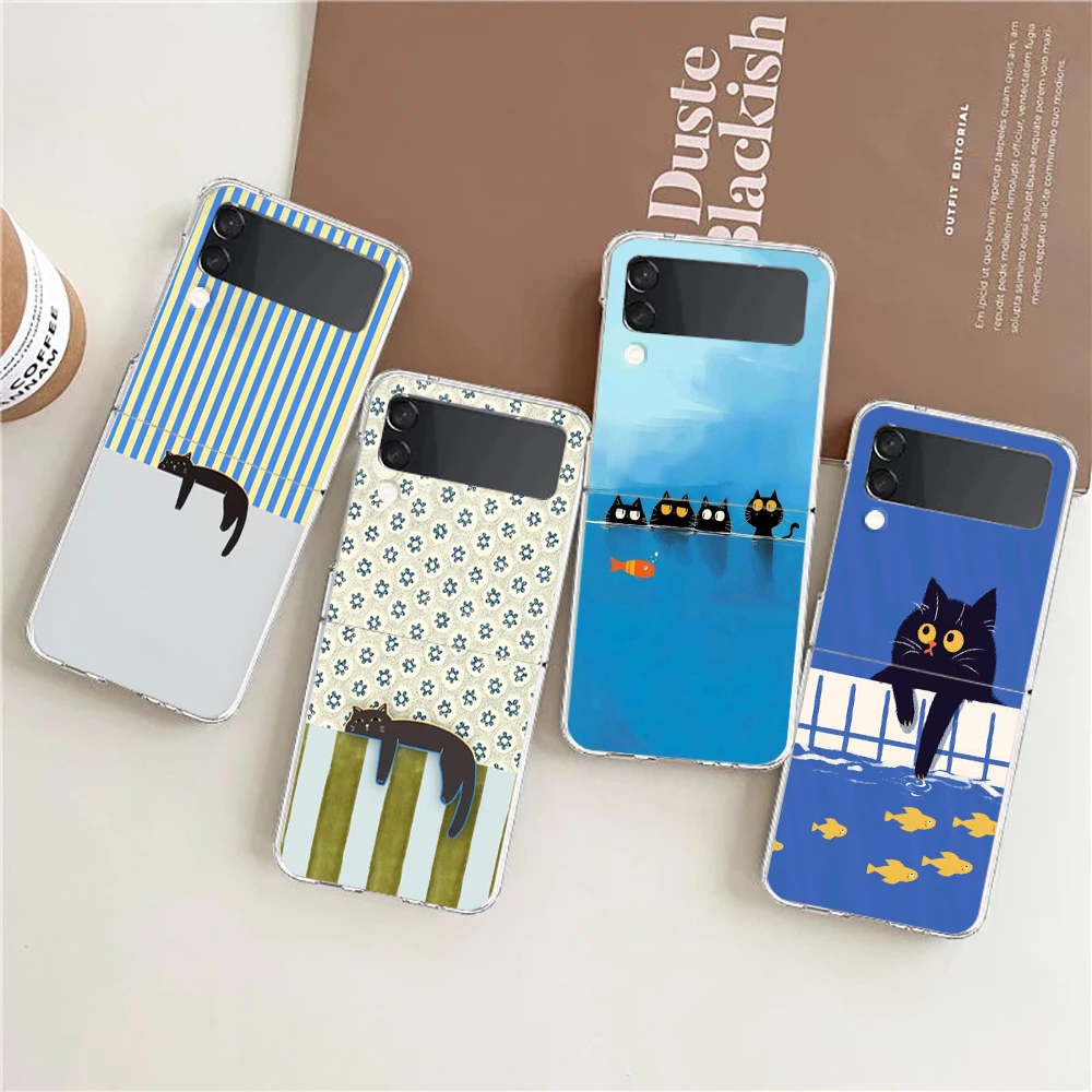 Phone Case For Samsung Galaxy Z Flip 3 4 5 6 7 8 Fold High Hard PC For Galaxy Z Flip3 Clear Cover Artistic Black Cat Striped
