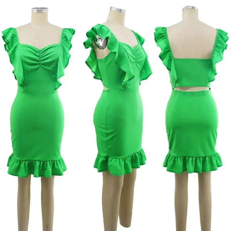 GUWU أكمام الكشكشة Bodycon فستان صيفي صغير المرأة ساحة الرقبة غمد ضمادة عودة قطع فستان حفلة مثير