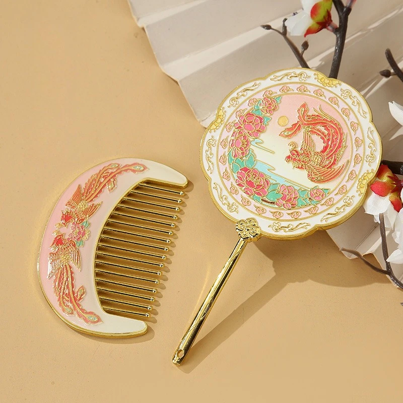 

Ручное зеркало и набор расчесок в китайском стиле, металлическое зеркало для макияжа, портативное компактное маленькое зеркало и расческа