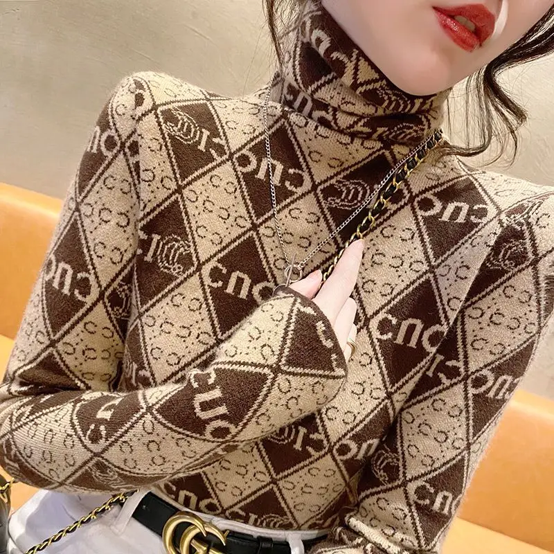 Korean Fashion Autumn New Sweaters Women's Pile Collar Plaid Jacquard Weave Temperament Long Sleeve Slim Pullovers Knitted Tops