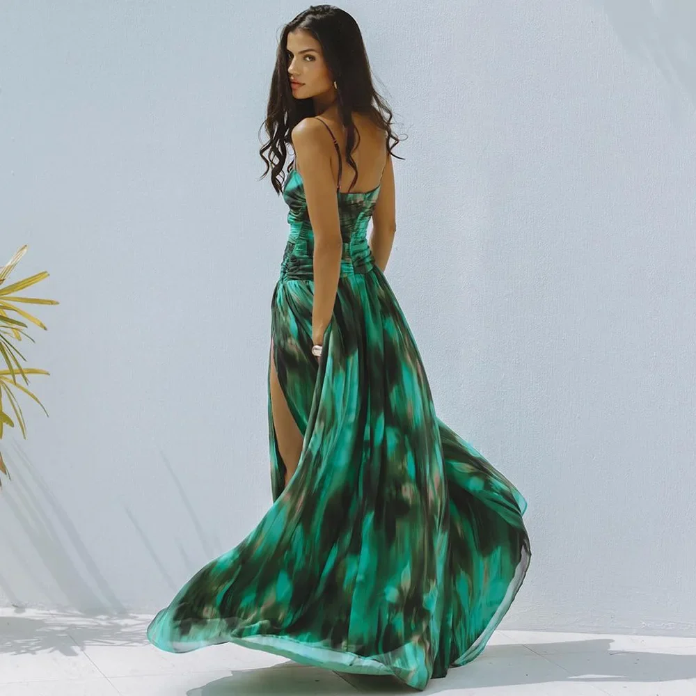 

Green Ink Print Sexy One Piece Swimsuit with Hollow Design And Split Umbrella Skirt - Monokini Beachwear for Holiday