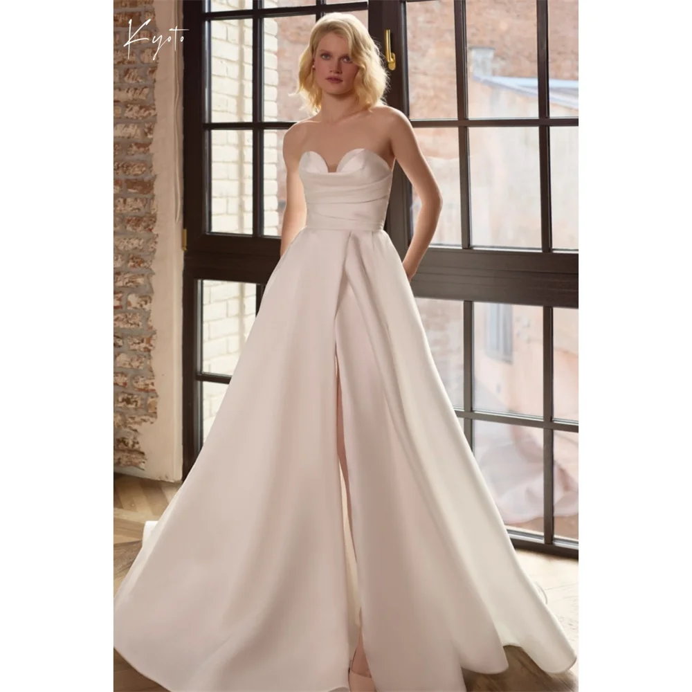

Kyoto Customized White Strapless Wedding Dress Detachable Sleeves Court Train vestidos de noiva A-Line Satin Evening Dress 2026