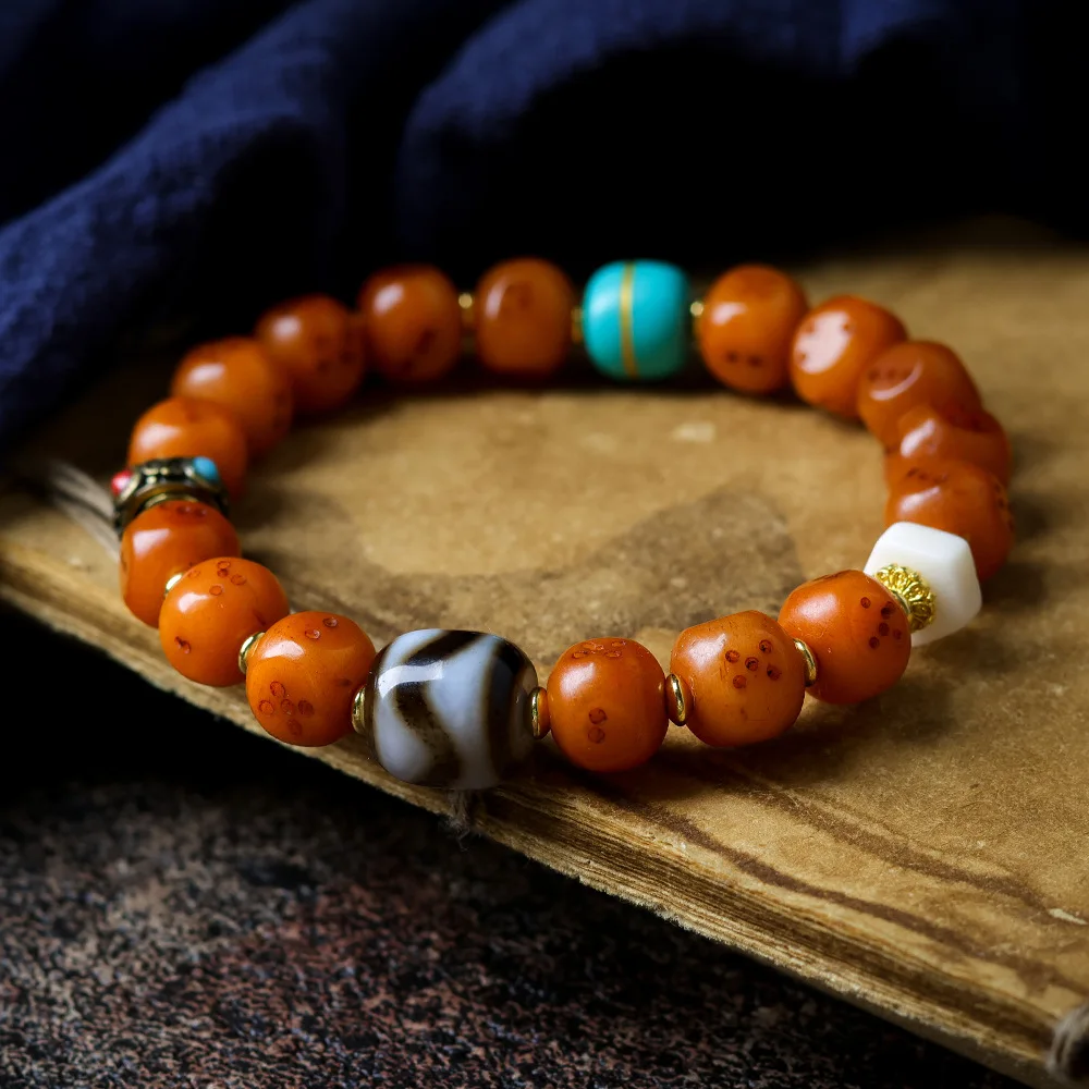 Original Design Tibetan Ethnic Style Yak Bone Dice Bead Hand String Cultural Play Tiger Teeth Tianzhu Buddha Bead Bracelet