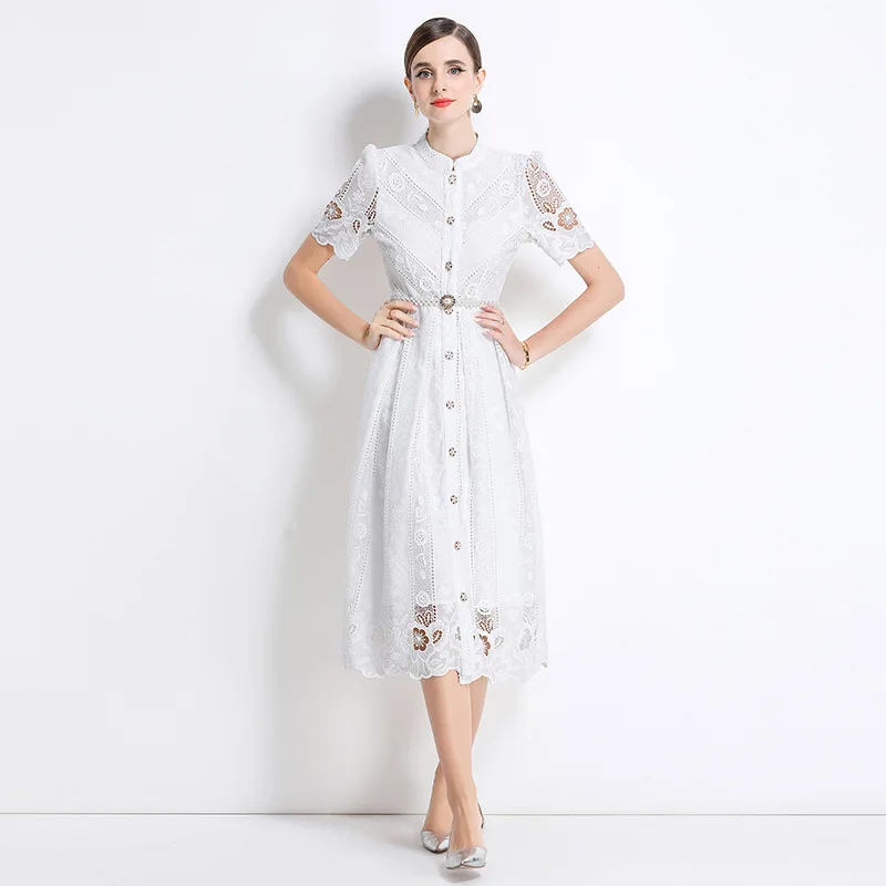 Dr di media lunghezza dimagrante con ricamo laser cavo Stampa lunga Sve Fibra di poliestere dr estiva lavorata a maglia da donna