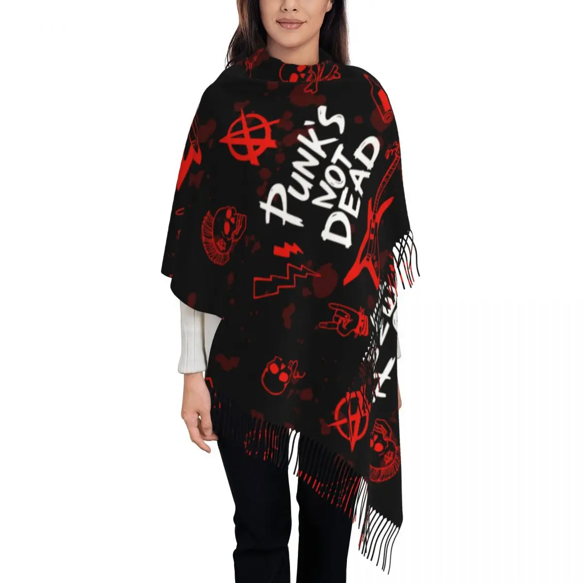 Heavy Metal Punk Rock Music Scarf Wrap for Women Long Winter Fall Warm Tassel Shawl Unisex Punks Not Dead Scarves