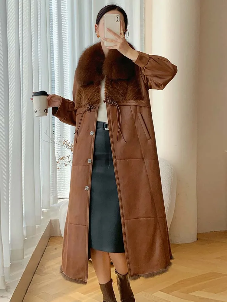 Fur Collar Winter Leather Jacket Women Plush Thickened Mid Length Korean Leather Jacket