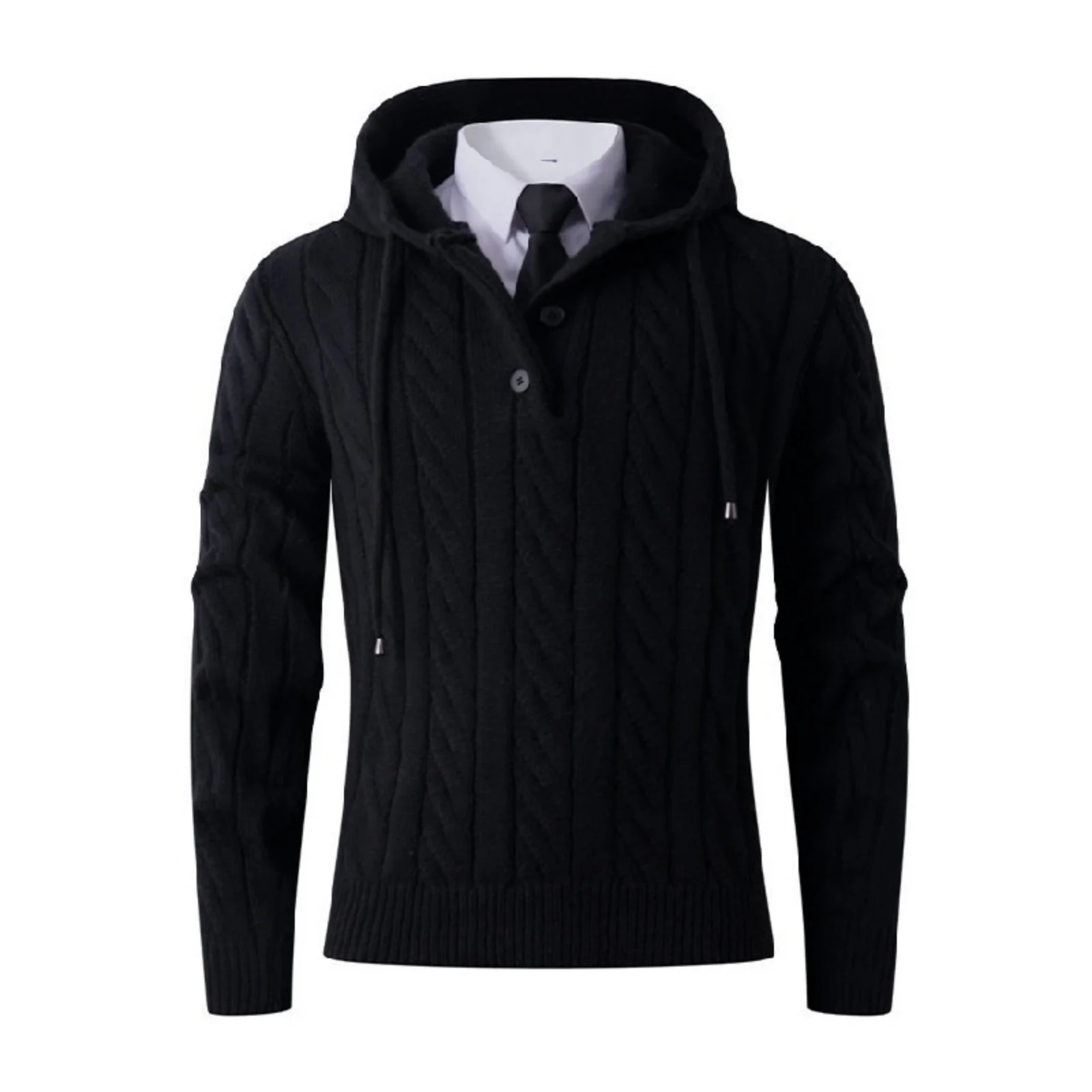 

Men's Solid-color Casual Long-sleeved Hooded Pullover, Men's Button Collar Embossed Texture Warm Knitted Sweater
