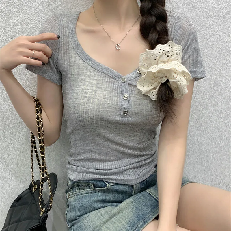 Summer Thin Perspective Short Sleeve Tops Woman Korean Slim Fit Knitted V-neck T-shirts All-match Solid Basic Clothing Lady Tees