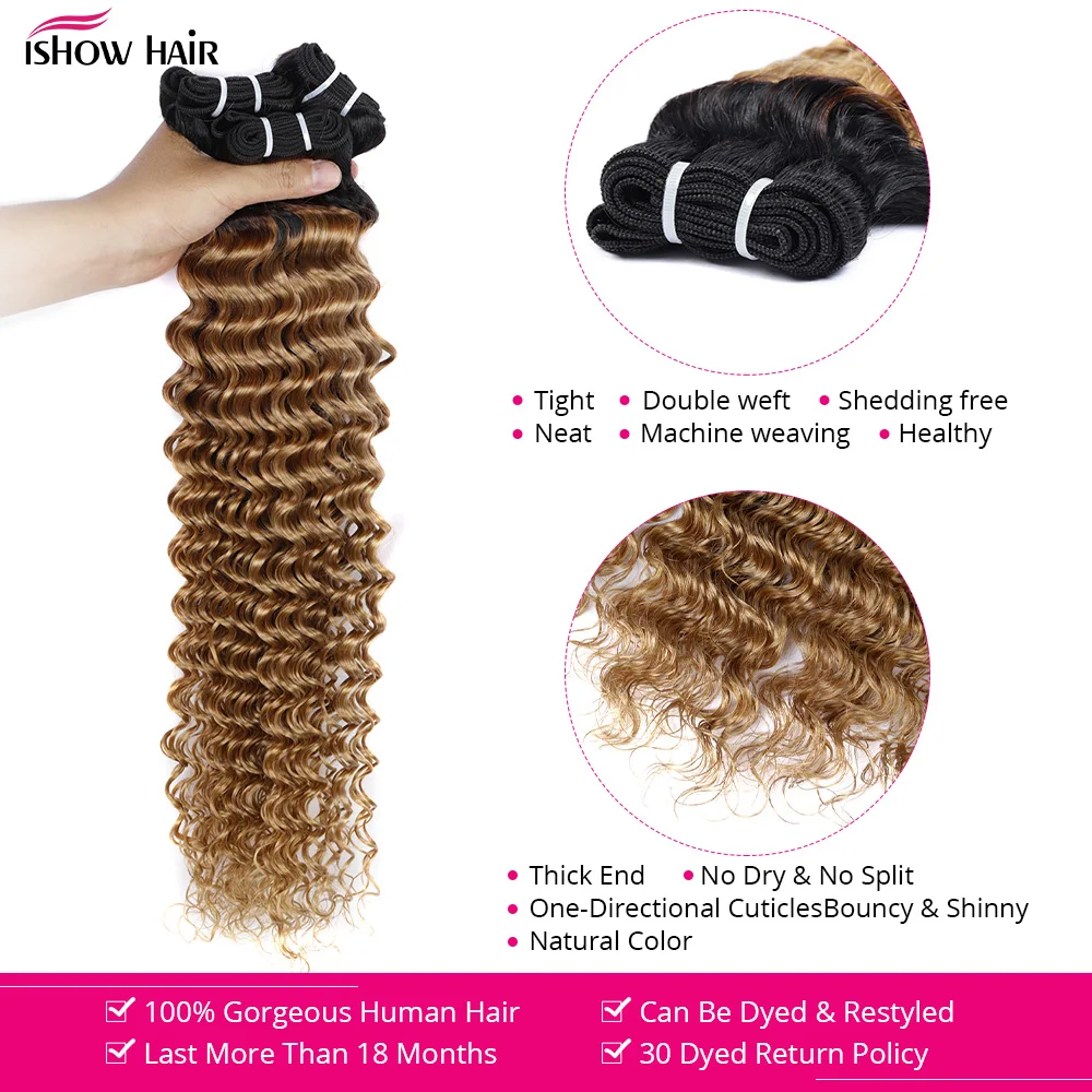 Extensiones de cabello humano brasileño Remy para mujer, mechones de ondas profundas, rubio miel degradado 1B 27, dos tonos de color