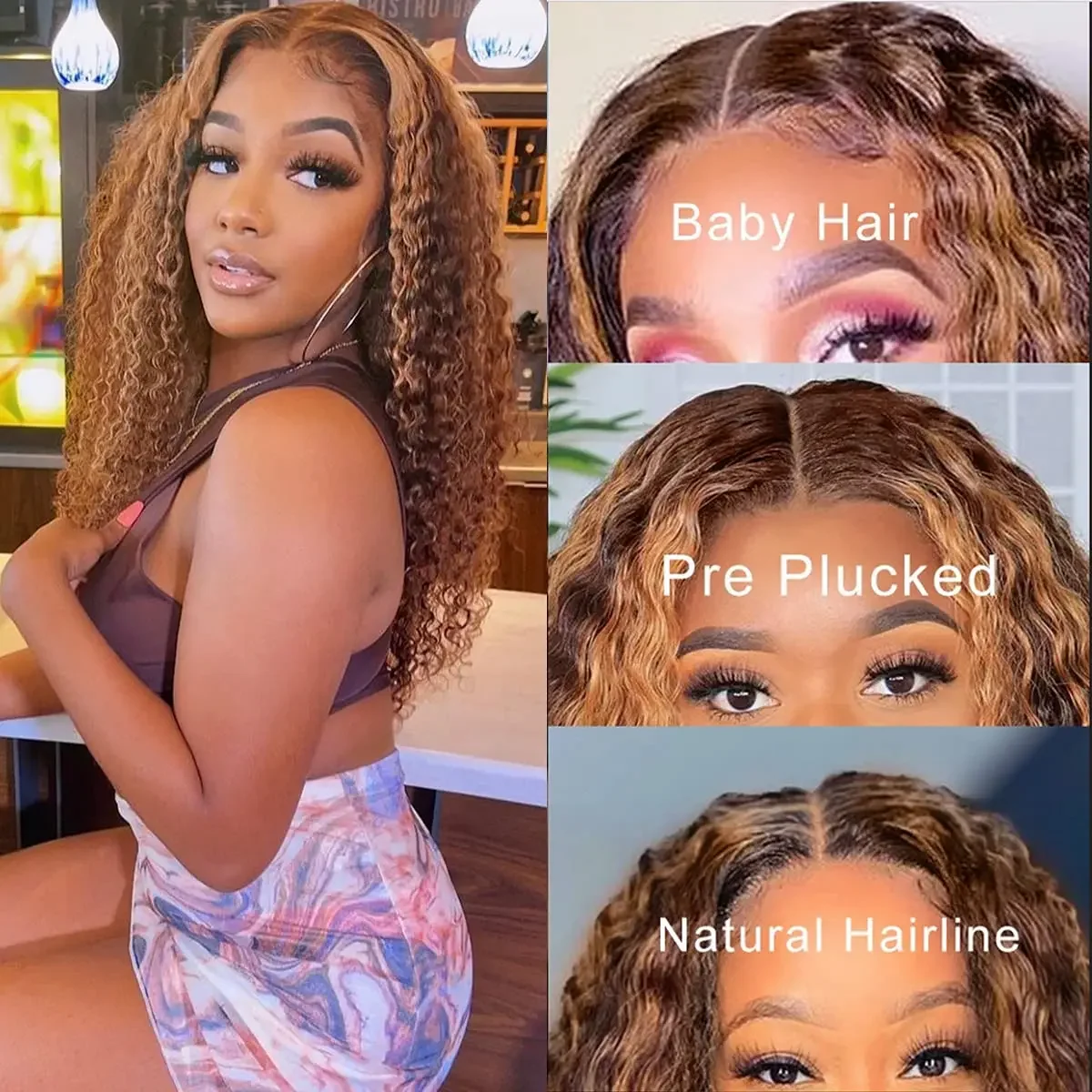 Perruque Lace Front Wig Deep Wave Naturelle, Cheveux Bouclés, Ombrée, Transparente, 32 Pouces, 13x4, 150%