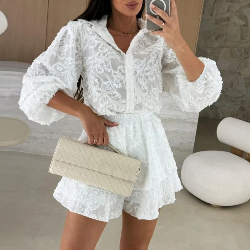 

Fashion Lapel Button Shirt and Shorts Suit Casual Long Sleeved Beach Outfit 2025 Summer Lace Ruffle Loose Women's Two Piece Set