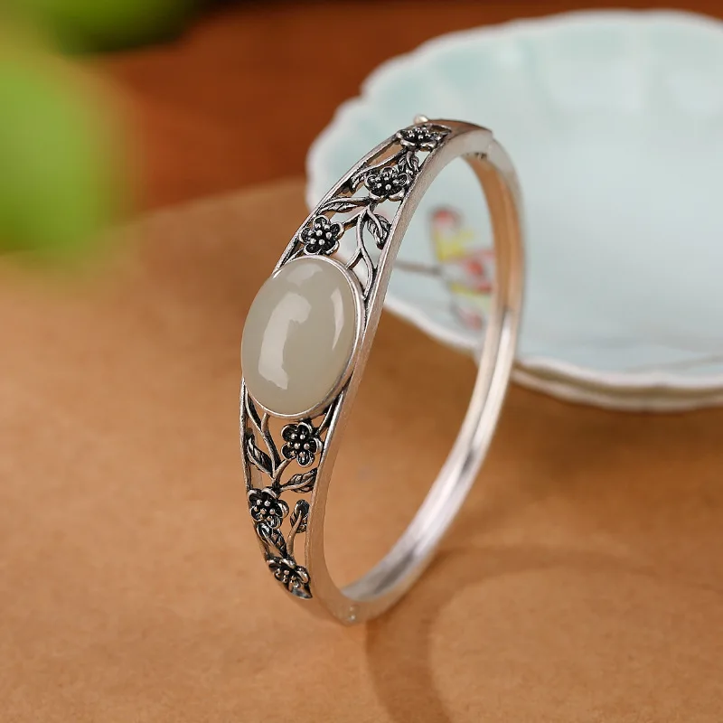 Silver-Plated Hetian Jade Plum Blossom Bracelet Women With Adjustable Clasp, Vintage Ethnic Style, New Model