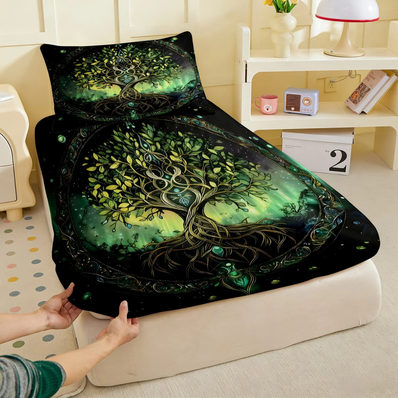 1pc Celtic Tree of Life Northern Lights Fitted Sheet Deep Pocket Elastic Mattress Cover Single Double Queen King Bedroom Decor