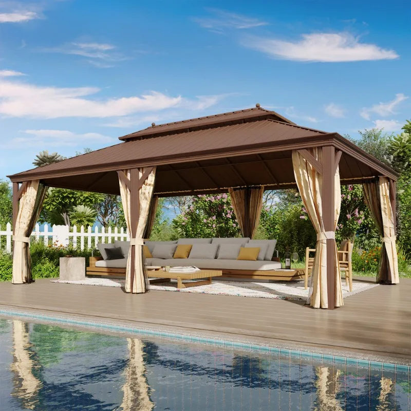 

Беседка EROMMY 14x22 дюймов с твердым верхом, уличная беседка из оцинкованной стали с прочной двойной крышей, сеткой и шторами в комплекте