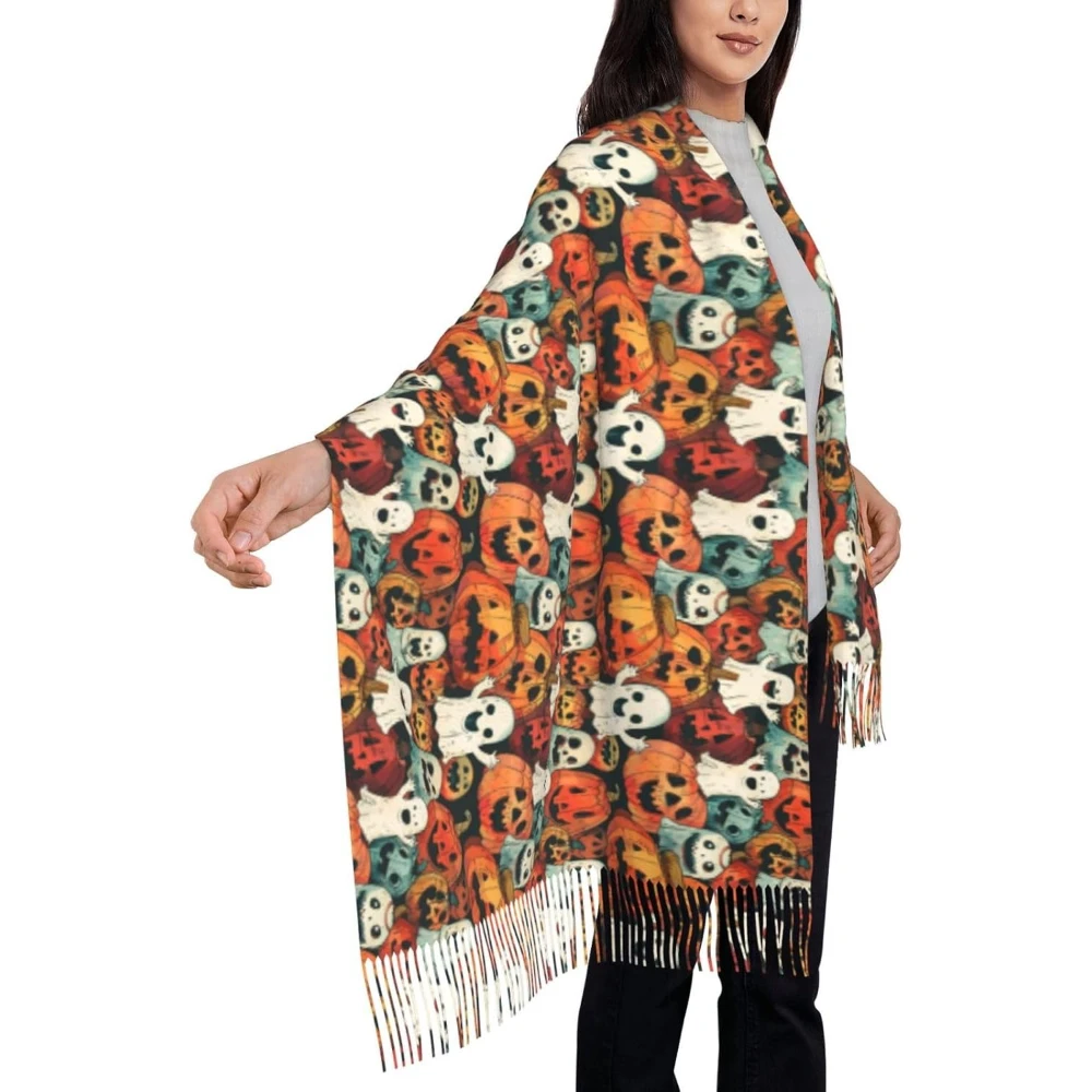 

Шарф на Хэллоуин, зимние теплые шарфы для мужчин и женщин, модный длинный шарф с кисточками, шляпа волшебника, тыква, призрак