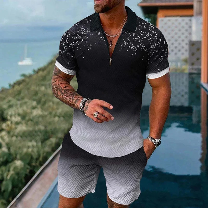 Solid Color Gradient Print Men Sweatsuit Set Summer Casual Zipper Polo Shirt And Shorts 2pcs Sets Fashion Man Pullover Clothing