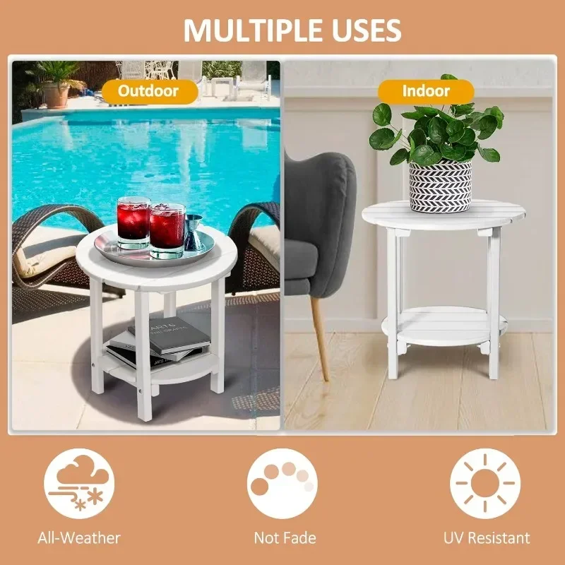 Mesa auxiliar redonda portátil de 2 niveles para exteriores, mesa auxiliar de jardín con patio junto a la piscina de HDPE para adultos