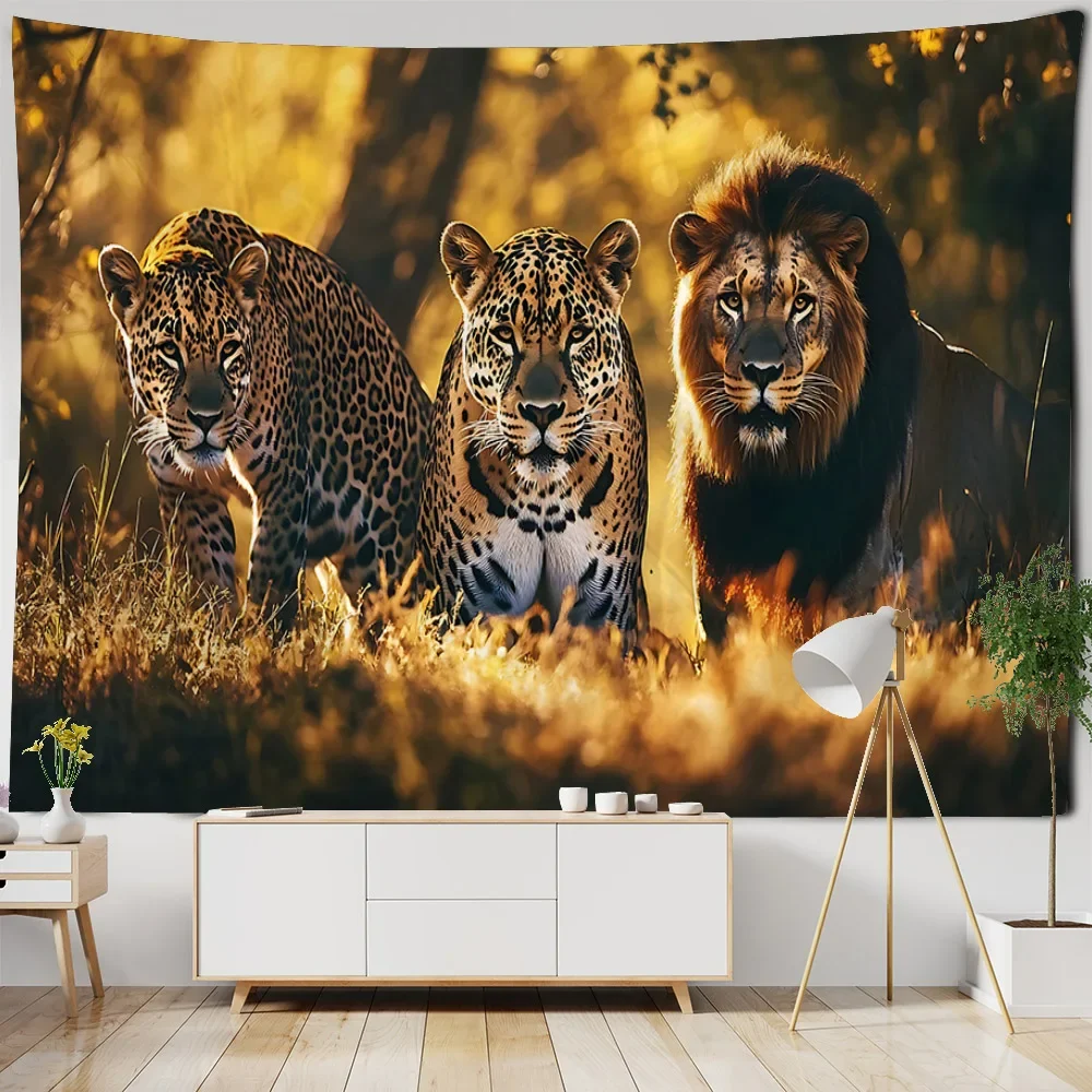 Tapiz de fondo de animales, Tigre, León, Lobo, elefante, colgante de pared, Mural de dibujos animados Hippie, decoración del hogar, cubierta de cama para habitación, estera de playa