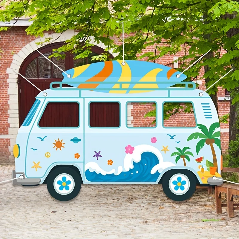 1 accesorio fotográfico con diseño de autobús de playa de verano - decoraciones tropicales para fiestas hawaianas, con un tema de surf en la parte posterior