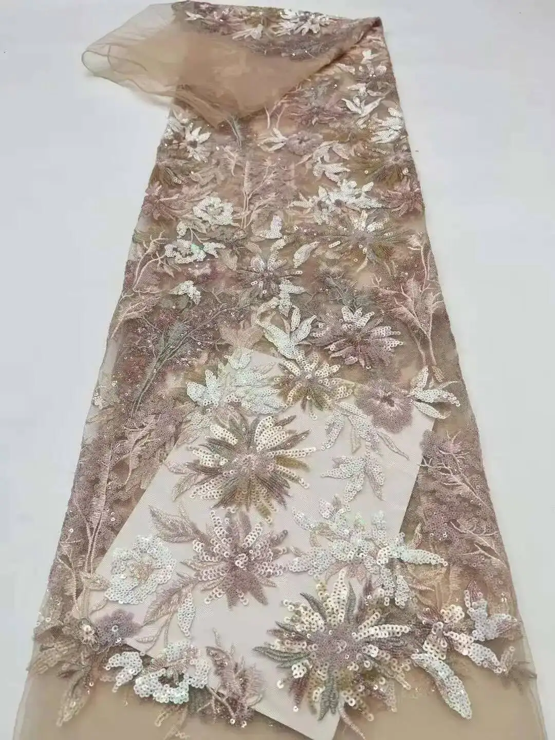 

Latest African Lace Fabric, Luxury French Sequins, Mesh Lace Fabric, High-end Handmade Beaded for Wedding, 2025