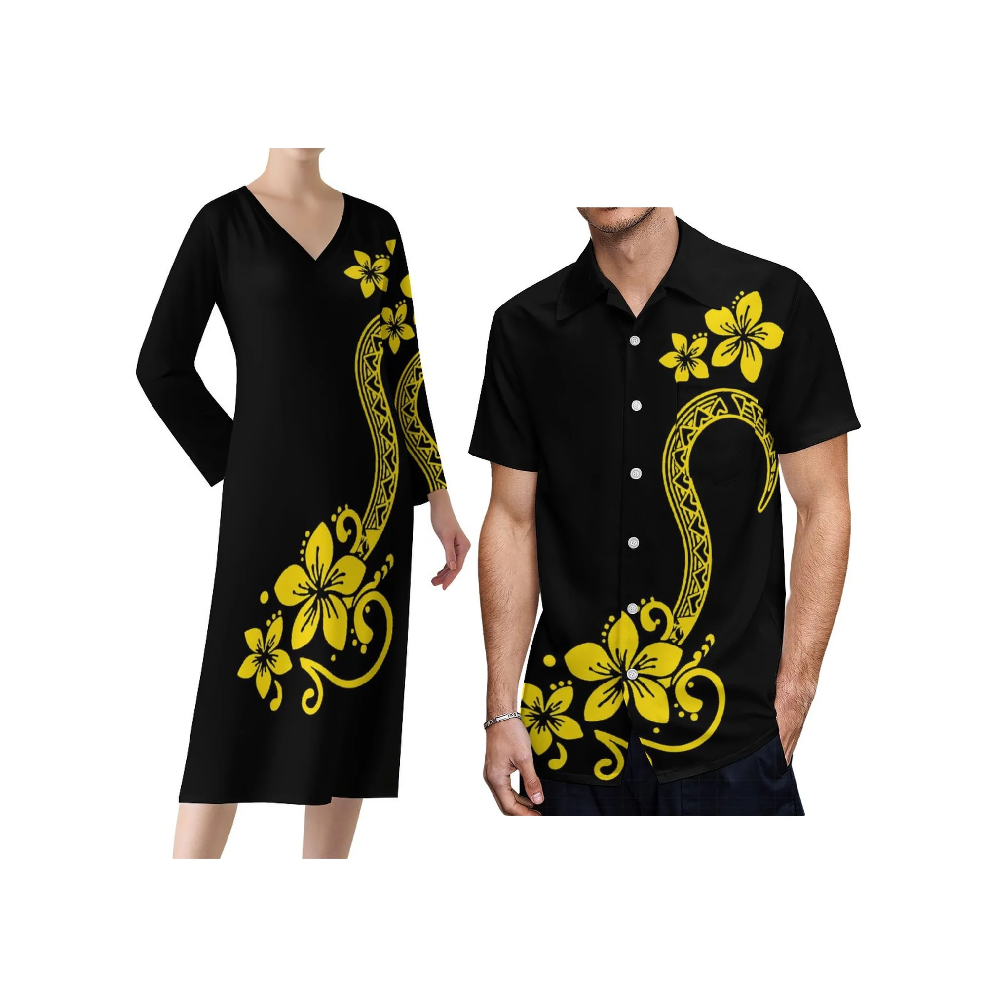 Holiday Travel Women Clothing Samoan Print Custom Polynesian Summer V-Neck Quality Fabric Custom Long Sleeve Dress