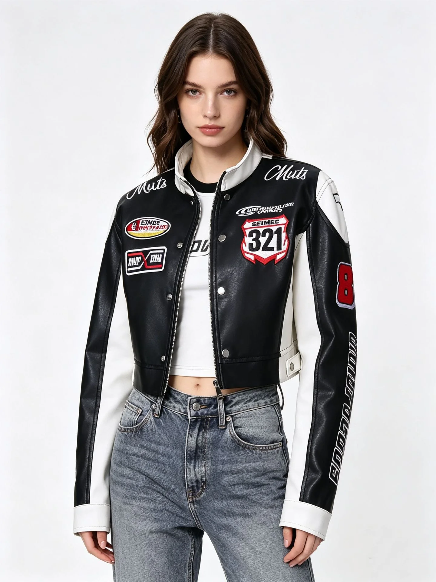 Women's White PU Leather Embroidered Motorcycle Suit Trendy Leather Jacket Cool Handsome Jazz Dance Motorcycle Coat