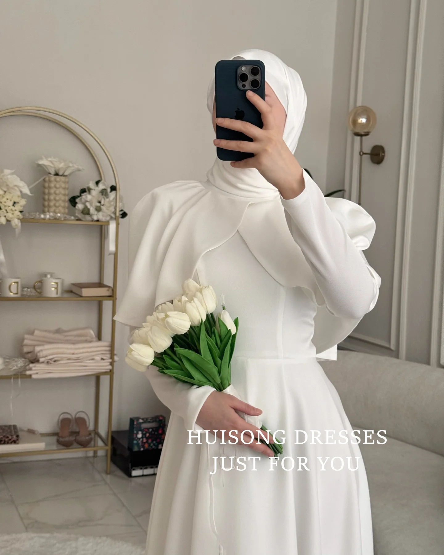 HUISONG Customized Muslim Satin Wedding Dresses Long Sleeves A-Line Modest Bride Dress Long Wedding Gown
