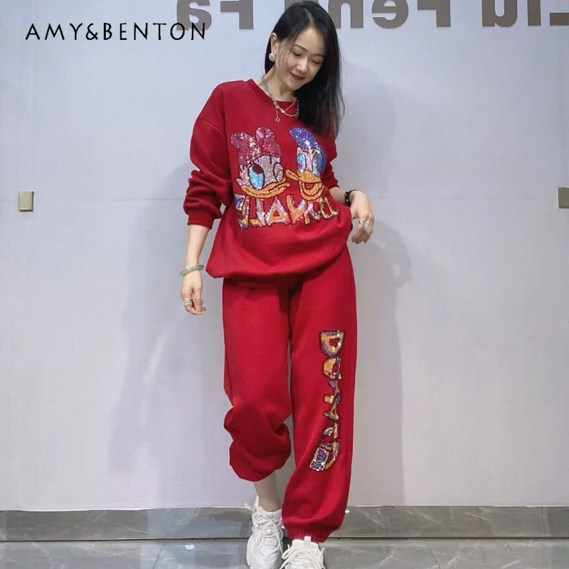 

New Design Rhinestone O-Neck PTop ullover Sweatshirt Overized Set Ladies Fashion Casual Long Sleeved Jogger Pants Two-Piece Suit