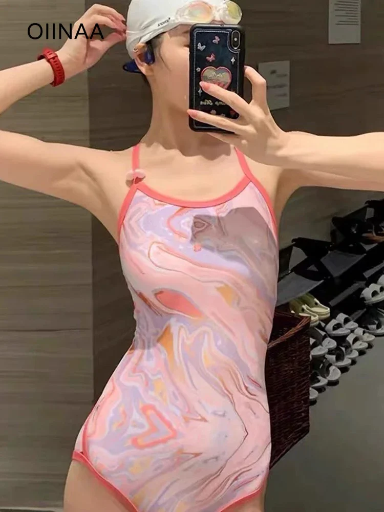 

OIINAA Sexy Bathing Suit Women Halter Cross Backless Biquinis Print Pink Slim Bodysuit Summer 2025 New Simple Vintage Beachwear