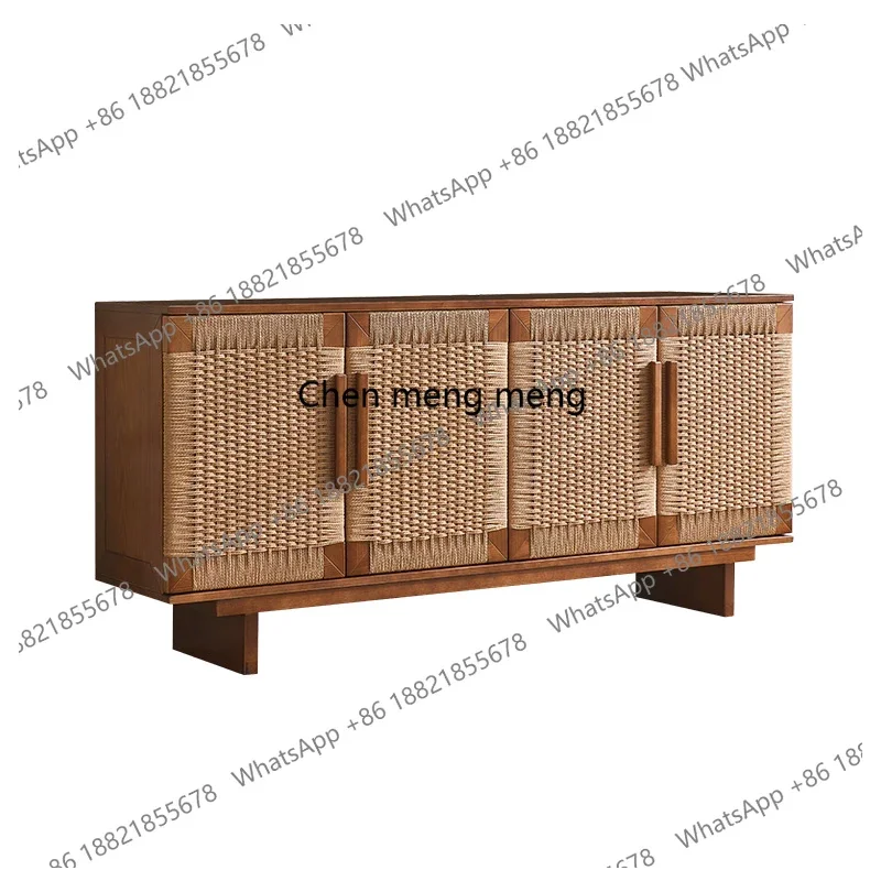 

Medieval wabi-sandy wind solid wood dining side cabinet, hand-woven rattan dining side cabinet, Nordic style simple locker