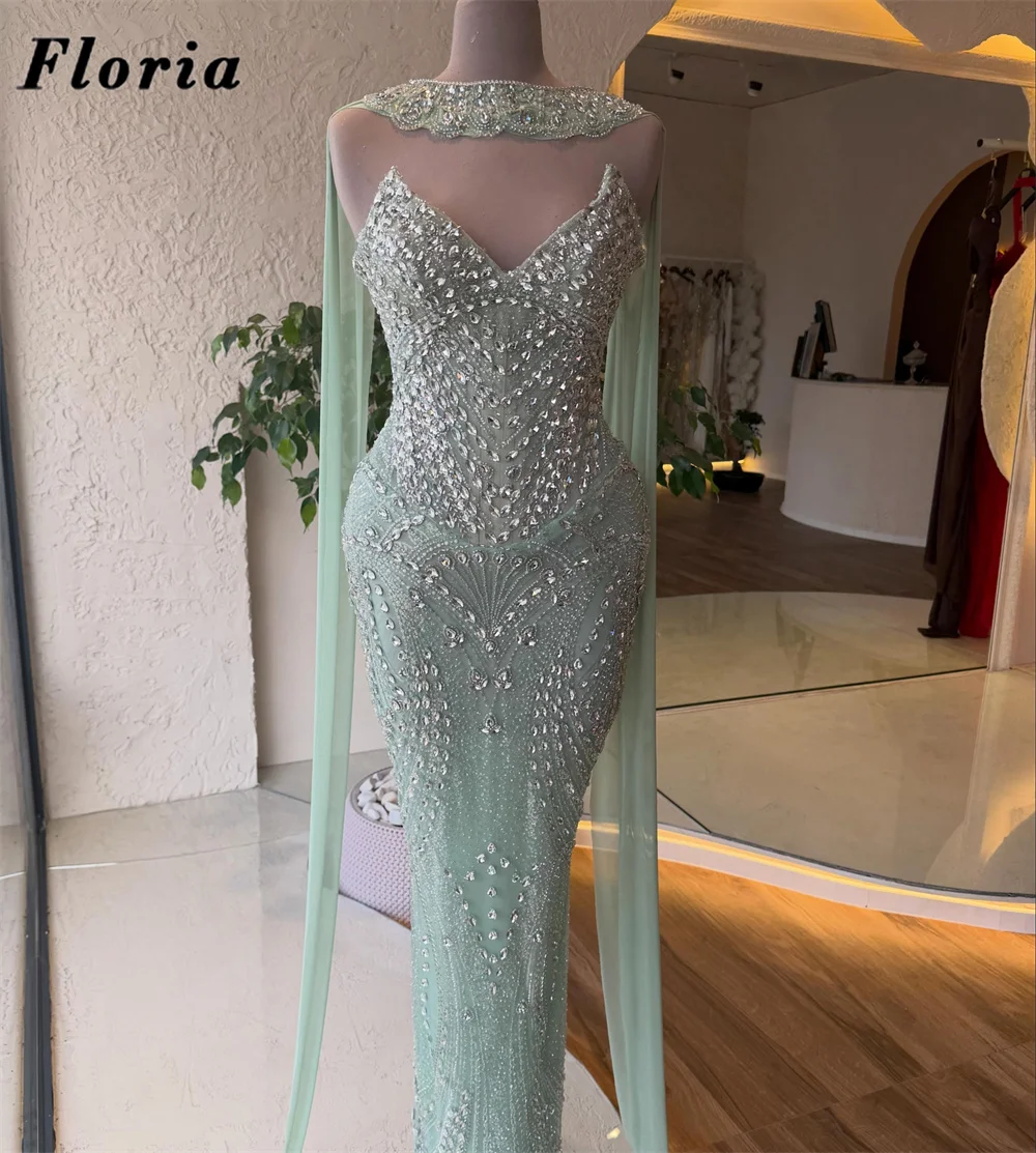 Two Pieces Mint Green Special Prom Dresses Cape Sleeves Luxury Beaded Rhinestone Wedding Party Gowns Customized Evening Dress - view 2