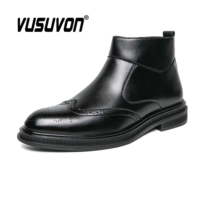 Italian Design Leather Men Zip Boots Casual Shoe Motorcycle Brogue Black Winter High Quality Boys Booties Botas Masculinas 38-46