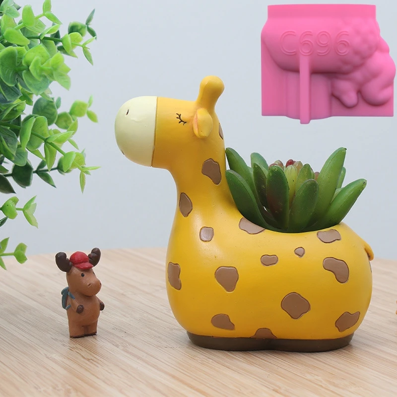 DIY Cute giraffe succulent plant flowerpot resin silicone mold animal elephant squirrel storage box concrete cement gypsum mold