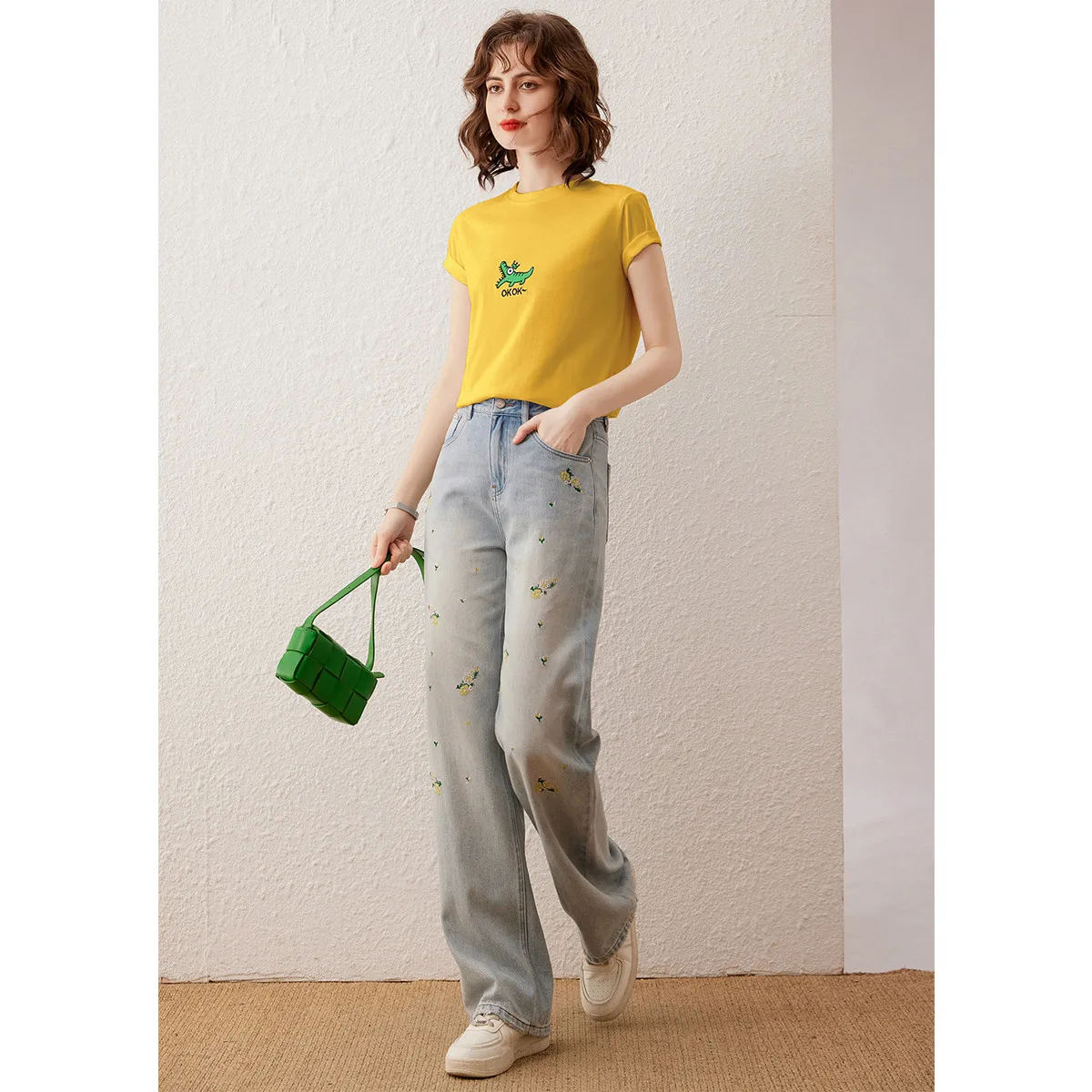 LOUIS YAO Women T-shirt 2024 Summer Crocodile Embroidery Tee Fashionable Casual Basic O Neck Short Sleeve Pullover Top