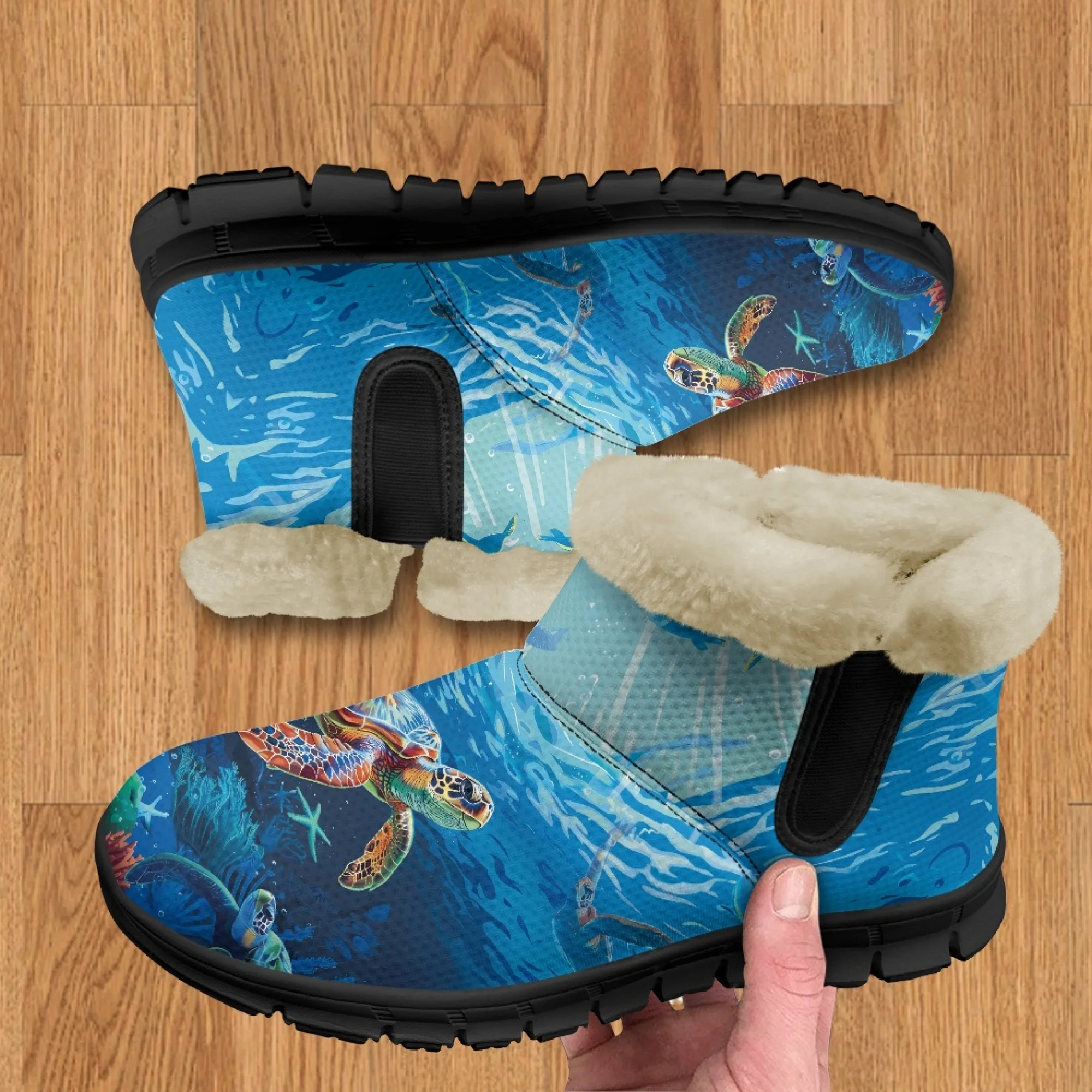 ELVISWORDS Blue Sea Print Turtle Pattern Winter Boots for Women Furry Ankle Boots New Short Plush Lady Comfort Casual Boots image 3