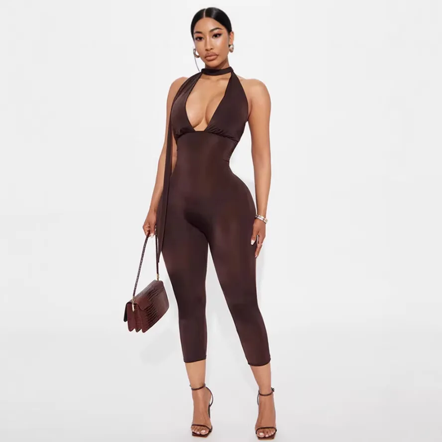 

Simple Hollow out Bal Pure Color Suit Cross Border Ins Sle Ne Hanging Long Pants Thin High Waist Summer