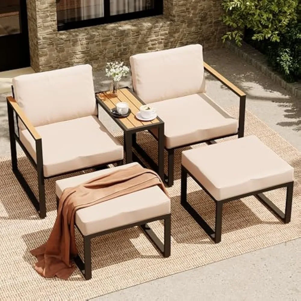 

5 Pieces Outdoor Conversation Set, Metal Patio Chairs with Thick Cushions 2 Ottomans&Side Table for Backyard, Poolside, Porch,