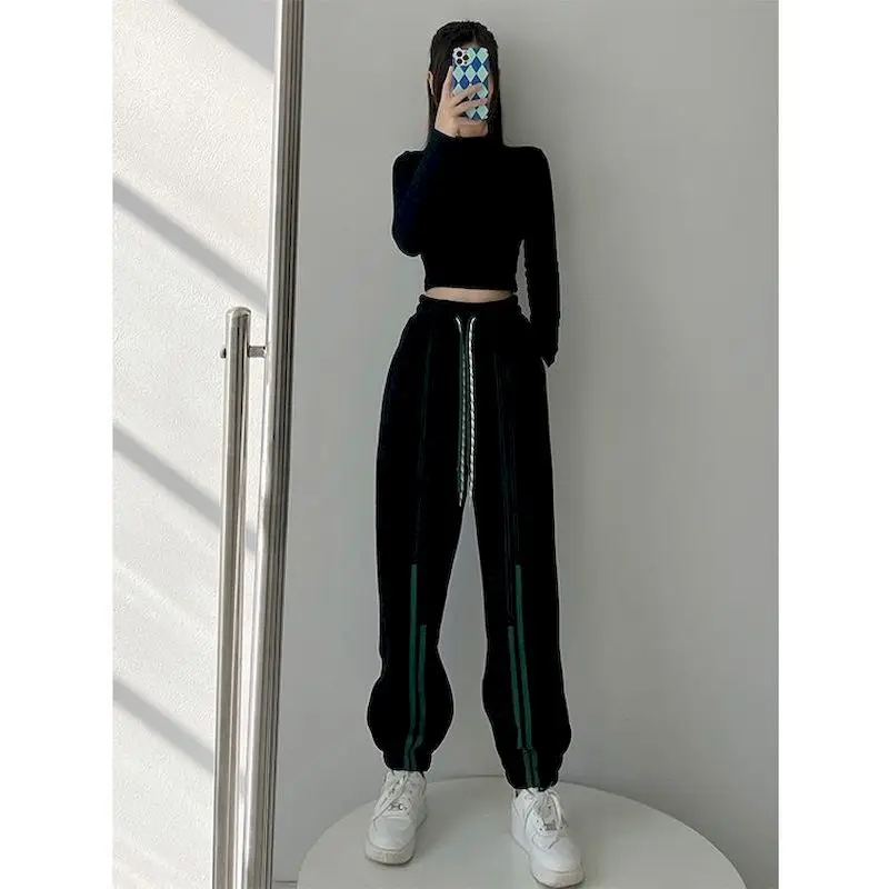 American Casual Sweatpants Women Trousers Spring Autumn Vertical Strip Stitching Loose Cropped Pants Drawstring Leggings Pants