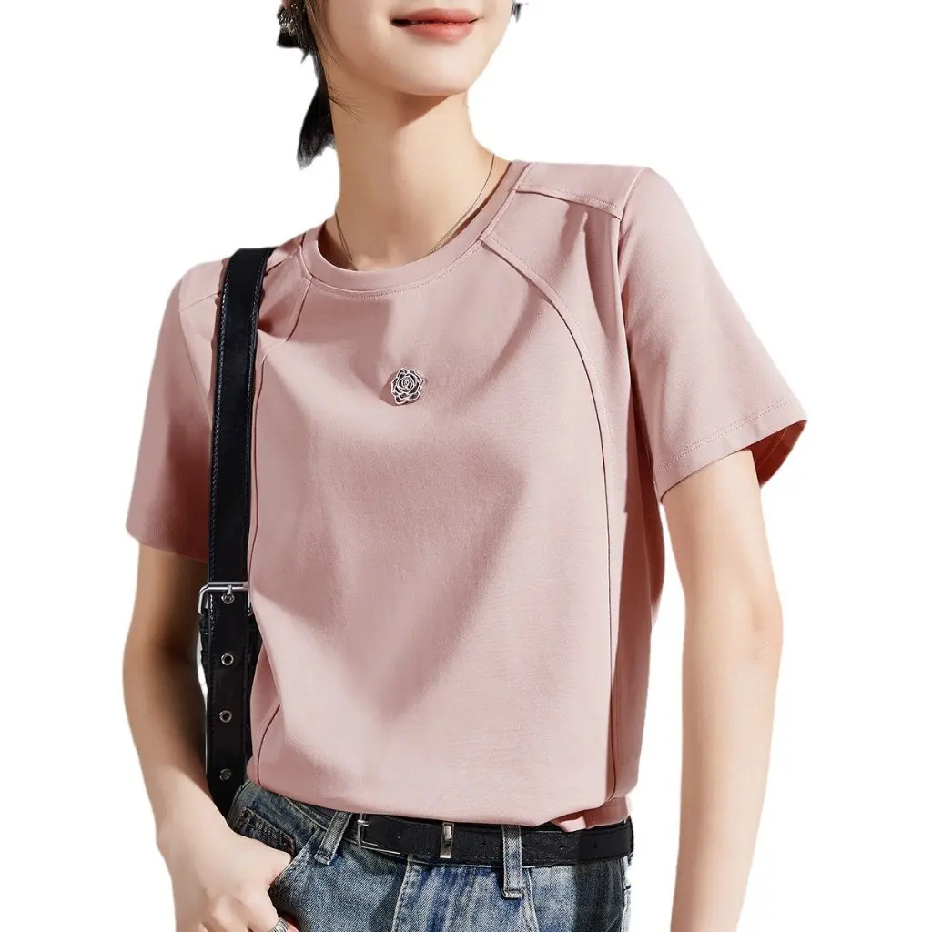 

Women's Camellia Liquid Ammonia White Short-Sleeved Crewneck T-Shirt Mercerized Cotton Base Shirt for Spring And Summer