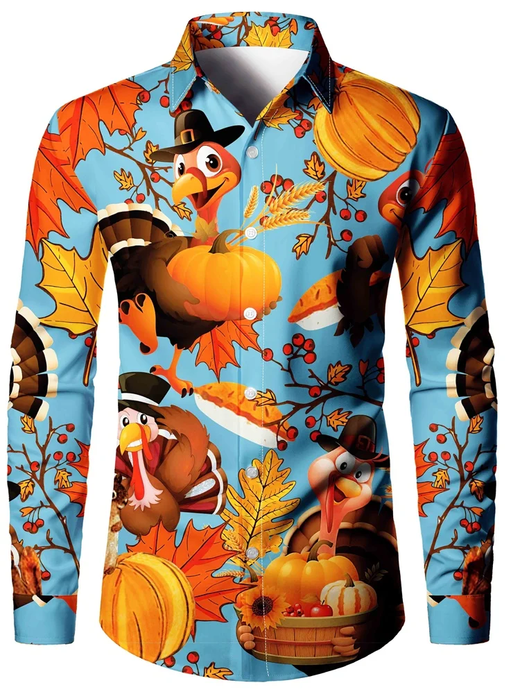 3D Cartoon Turkey Print Men's Lapel Shirt New Thanksgiving Men's Long Sleeve Shirt Street Fashion Men's Single Breasted Shirt