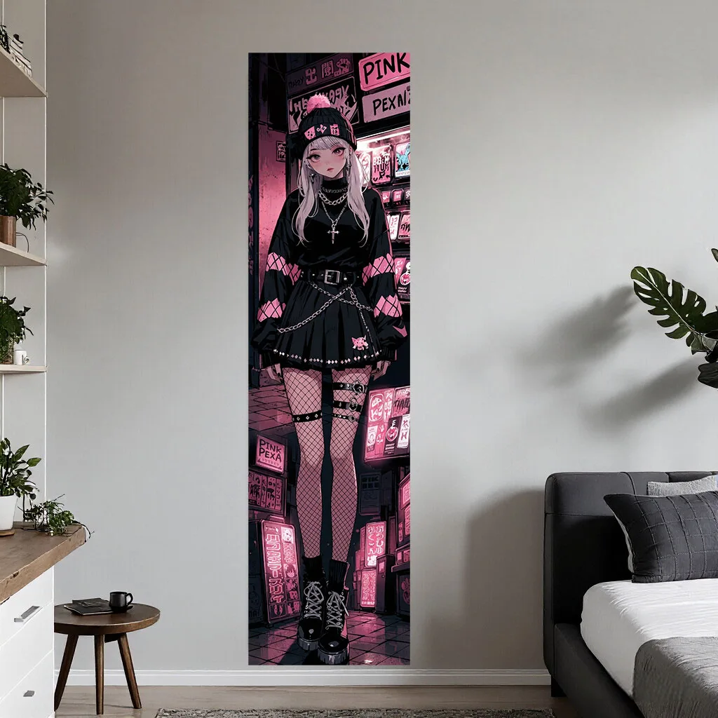 Y2K Pink Black Anime Girl Tapestry Japanese Neon Street Manga Portrait Wall Hanging Grunge Aesthetic Dorm Bedroom Background Dec