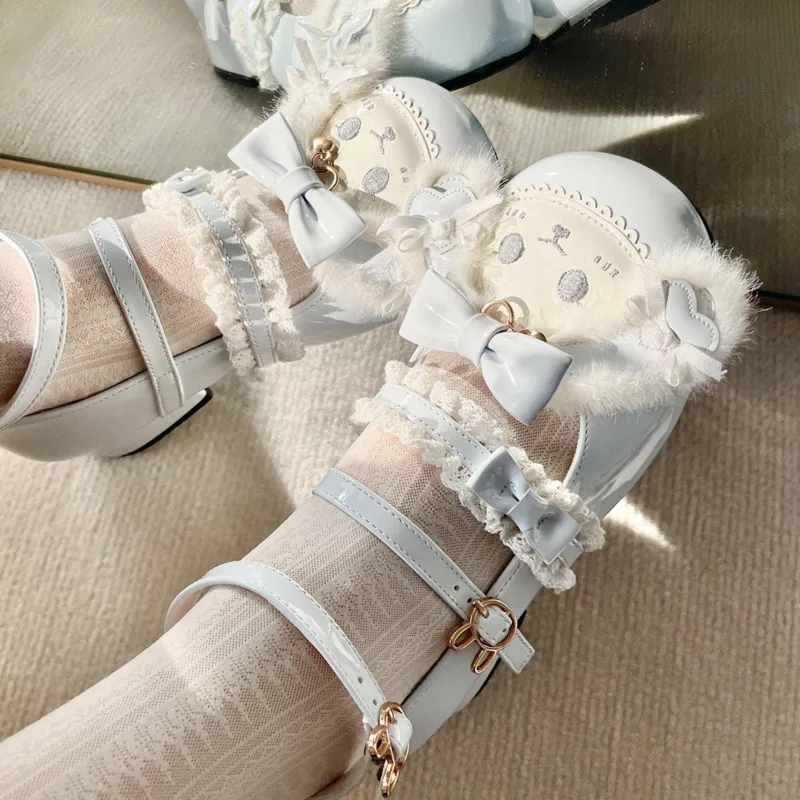 Lolita Mary Jane Low Heel Shoes Women White Patent Cute Bow Rabbit Decor Round Toe Pumps For JK Cosplay Princess Daily Gift New