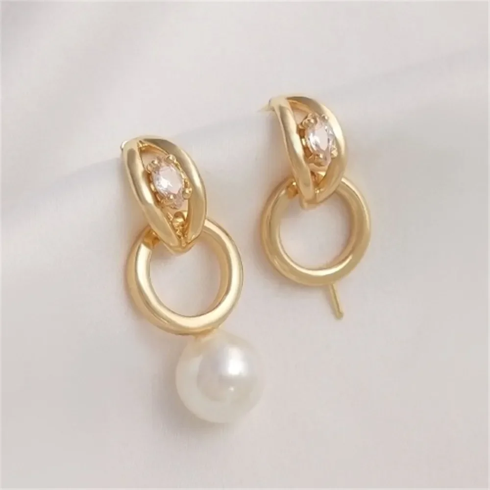 14K Gold-inlaid Zirconium C-shaped Half-moon Hanging Hoop Bead Holder Stud Earrings 925 Silver Needle DIY Pearl Earrings E229