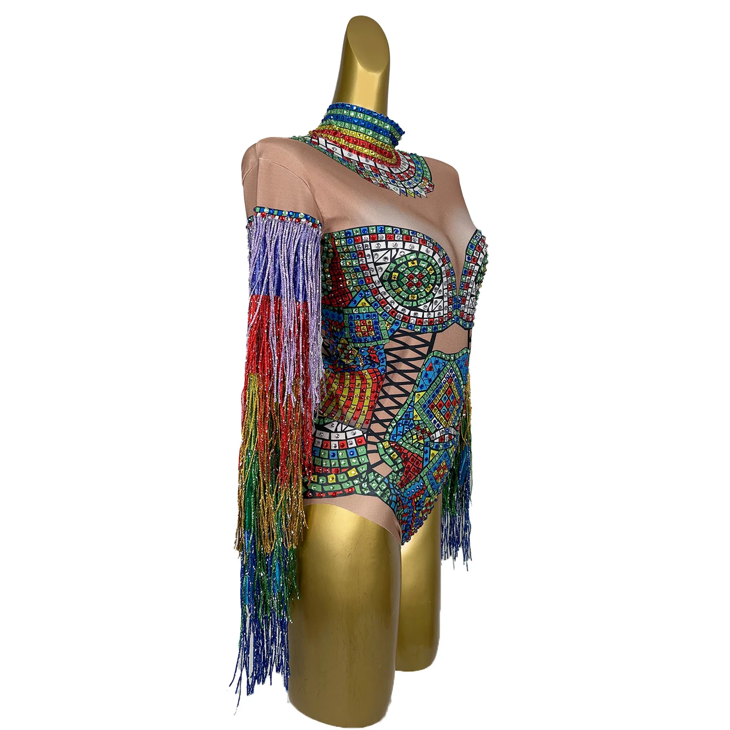 Multi-color Rhinestones Tassel Bodysuit Sexy Nightclub Dancer Party Stage Wear Pole Dance Fringe Crystal Leotard Costume Cizhuan