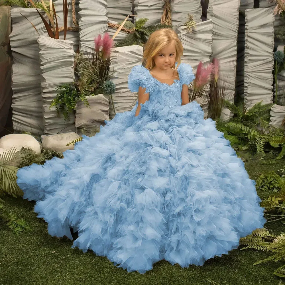 Robe de demoiselle d'honneur en dentelle et tulle pour enfants, robe de princesse gonflée, robe de Rhde première communion, superposée, longueur au sol, mariage, fête d'anniversaire